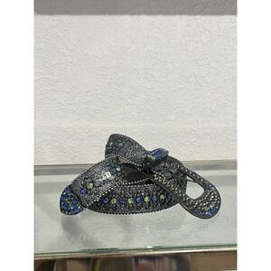B.B. Simon Black Leather 'Lime Galaxy' Rhinestone Y2K Belt Size 36